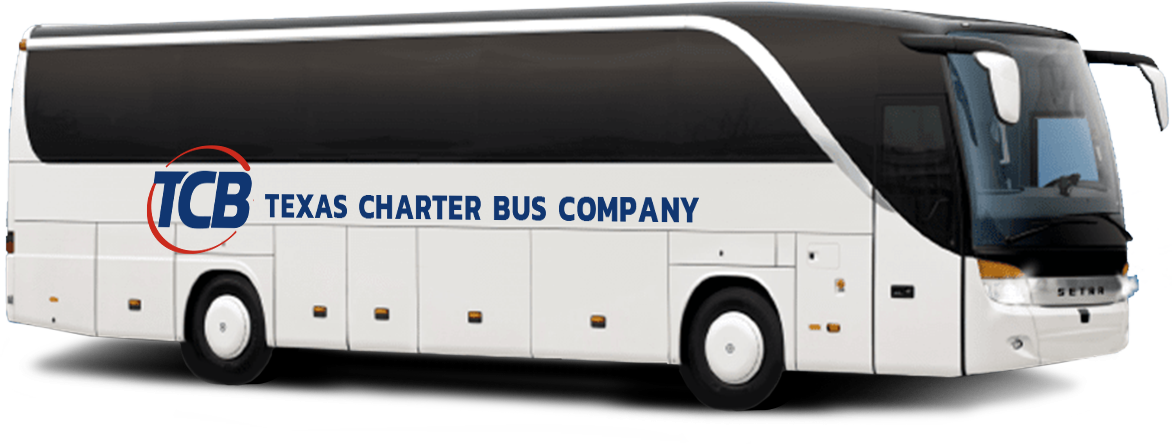 a plain white charter bus with a "Texas Charter Bus Company" logo